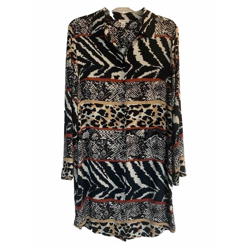 Tribal Jeans Boho Animal Print V-Neck Button Up Shirt Dress Long Sleeve Med
